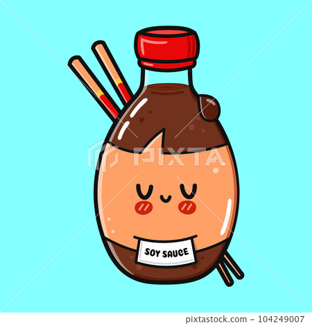 Bottle of soy sauce. Vector hand drawn cartoon kawaii character illustration icon. Isolated on blue background. Bottle of soy sauce character concept Bottle of soy sauce. Vector hand drawn cartoon kawaii character illustration icon. Isolated on blue background. Bottle of soy sauce character concept 104249007