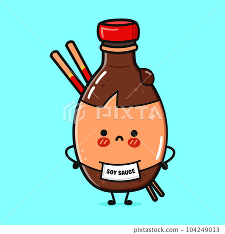 Cute angry Bottle of soy sauce character. Vector hand drawn cartoon kawaii character illustration icon. Isolated on blue background. Sad Bottle of soy sauce character concept 104249013
