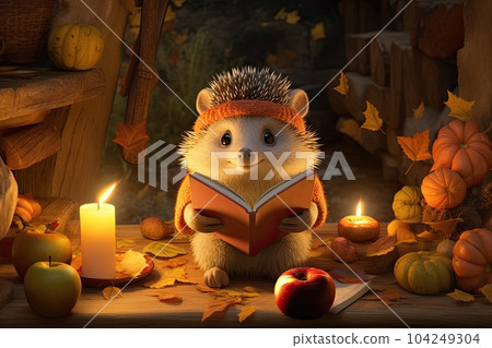 Cute hedgehog character reading book at home in the autumn forest surrounded by pumpkins Cute hedgehog character reading book at home in the autumn forest surrounded by pumpkins 104249304