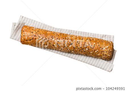 fresh crunchy french baguette isolated on white background. Top view Bakery products 104249391