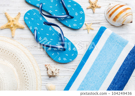 Summer vacation concept flat lay. beach accessories and towel top view. Space for text. travel concept 104249436