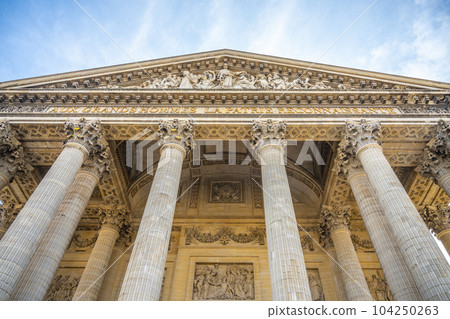 Front view of Tympanum and massive ancient columns of Pantheon in Paris, France Front view of Tympanum and massive ancient columns of Pantheon in Paris, France 104250263