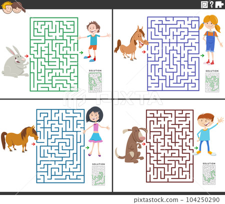 maze activities set with cartoon children and their animals maze activities set with cartoon children and their animals 104250290