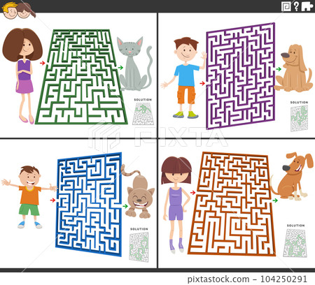 maze games set with cartoon children and their pets maze games set with cartoon children and their pets 104250291