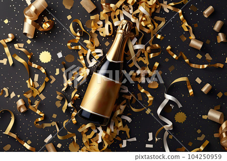 champagne bottle with golden confetti on black background 104250959