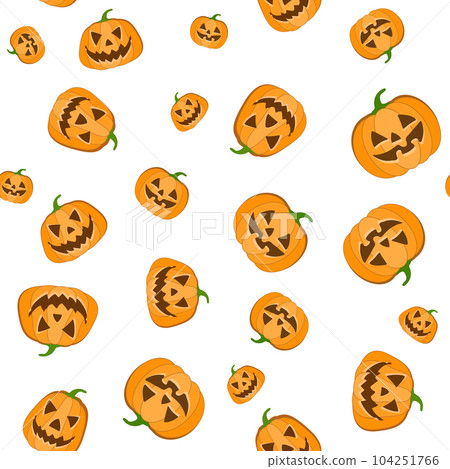 Halloween pumpkins seamless pattern. Flat orange pumpkins with carved scary smiling faces. Happy Halloween Boo. Vector illustration isolated on white and transparent background 104251766