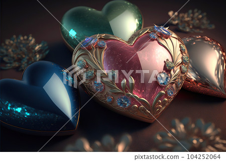 Valentine's Day jewel hearts incrustated with gold. Romantic jewelry. Generative AI Valentine's Day jewel hearts incrustated with gold. Romantic jewelry. Generative AI 104252064