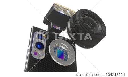 Conceptual 3D illustration of a mobile phone with interchangeable lens and flash, 3D rendering, isolated on white, low point of view. Conceptual 3D illustration of a mobile phone with interchangeable lens and flash, 3D rendering, isolated on white, low point of view. 104252324