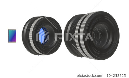 3D illustration of a system of lenses and matrix. The matrix and two corresponding lenses, white background, 3D rendering 3D illustration of a system of lenses and matrix. The matrix and two corresponding lenses, white background, 3D rendering 104252325