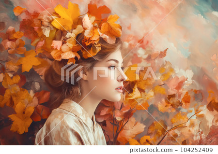 Beautiful woman in autumn leaves and flowers. Mental health and autumn perfum concept. Generative AI illustration 104252409