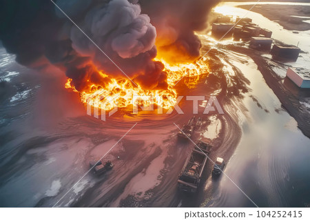 Aerial view of Cargo ship explosion with fire and smoke. Generative AI illustration Aerial view of Cargo ship explosion with fire and smoke. Generative AI illustration 104252415