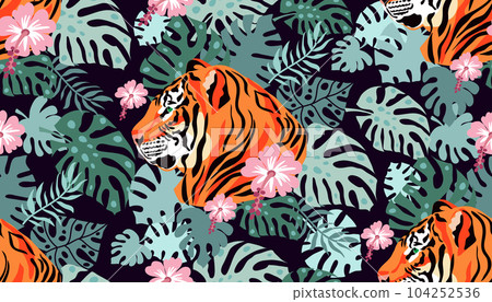 Tiger  and tropical plants, flowers,  leaves.  104252536