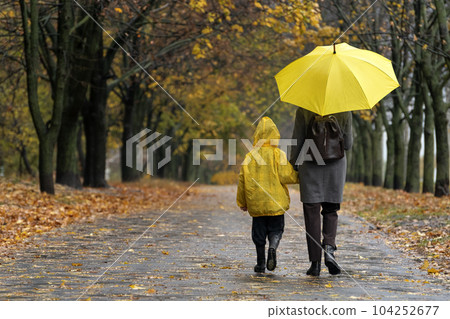 Little boy with mom are walking in the autumn park with large yellow umbrella and in yellow jacket . Back view. 104252677