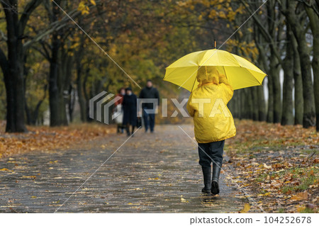 Lonely boy with an umbrella walking in the rain in autumn park. Child on the walk. Back view Lonely boy with an umbrella walking in the rain in autumn park. Child on the walk. Back view 104252678