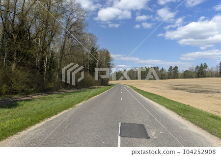 old paved road through forest and field in spring old paved road through forest and field in spring 104252908