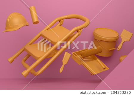 Abstract scene with folding ladder, bucket and paint roller on monochrome 104253280