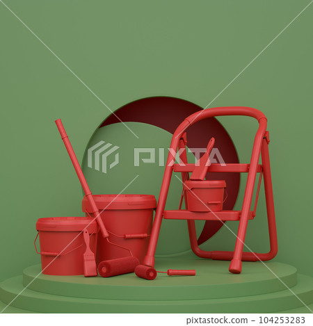 Abstract scene with folding ladder, bucket and paint roller on monochrome Abstract scene with folding ladder, bucket and paint roller on monochrome 104253283