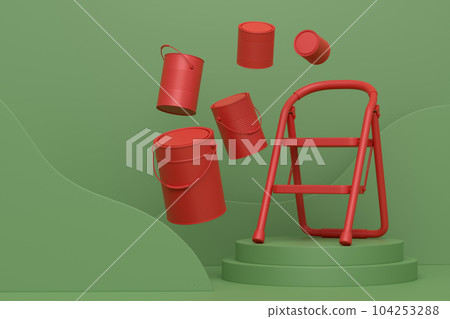 Abstract scene with folding ladder, bucket and paint roller on monochrome 104253288