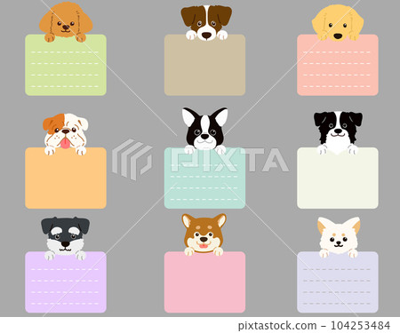 Hand-drawn illustration set of various dog faces holding square notes With front paws No main lines Hand-drawn illustration set of various dog faces holding square notes With front paws No main lines 104253484