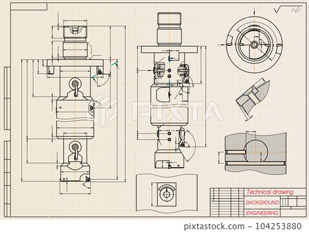 Mechanical engineering drawings on sepia background. Tap tools, borer. Technical Design. Cover. Blueprint. Vector illustration. 104253880