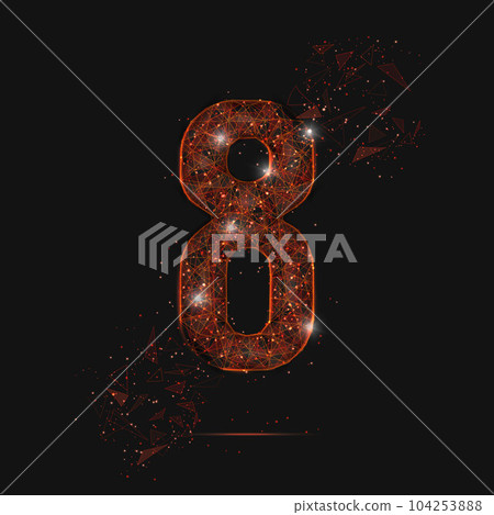 Abstract isolated orange image of a number eight. Polygonal illustration looks like stars in the blask night sky in spase or flying glass shards. Digital design for website, web, internet. 104253888