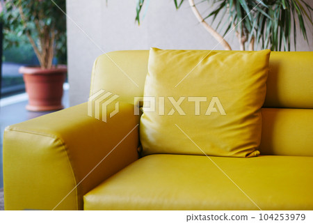 modern yellow sofa with pillows in living room at home 104253979