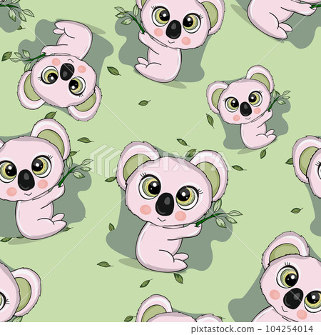 Seamless pattern with cute koala baby on color background. Funny australian animals. Card, postcards for kids. Flat vector illustration for fabric, textile, wallpaper, poster, paper Seamless pattern with cute koala baby on color background. Funny australian animals. Card, postcards for kids. Flat vector illustration for fabric, textile, wallpaper, poster, paper 104254014