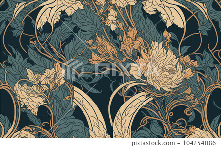 complex vector background image inspired by the Art Nouveau movement, incorporating intricate, flowing lines, floral motifs, and ornate details reminiscent of the iconic works of Alphonse Mucha. 104254086