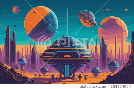 complex vector-style background image depicting a futuristic space colony, with interconnected domes, advanced technology, and bustling human activity, showcasing humanity's expansion beyond Earth. 104254094