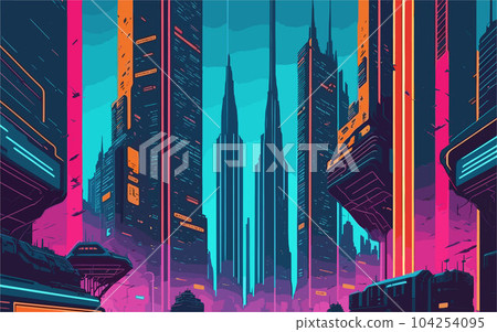complex vector-style background image depicting a futuristic dystopian cityscape, with towering megastructures, neon-lit alleyways, and intricate surveillance systems. 104254095