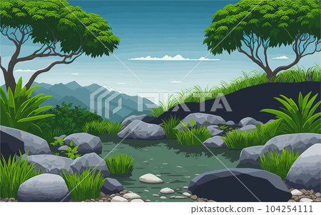vector background image that captures the essence of a serene zen garden, with meticulously raked gravel, carefully placed rocks, and lush greenery, creating a harmonious and tranquil atmosphere 104254111