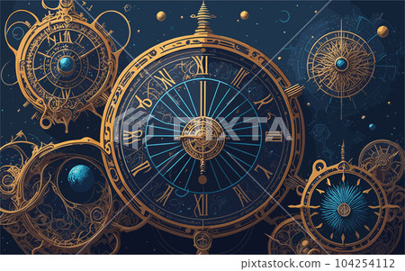 vector background image inspired by the concept of time, incorporating intricate clockwork mechanisms, swirling hourglasses, and celestial elements like planets and stars. 104254112