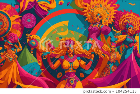 vector background image that showcases a vibrant carnival or festival, with intricate costumes, lively dancers, colorful decorations, and an atmosphere of celebration and joy. 104254113
