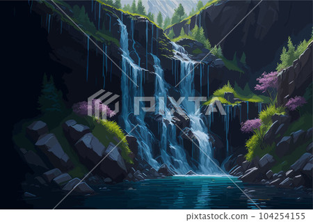 An enchanting waterfall cascading down a rocky cliff into a crystal-clear pool, with lush greenery and vibrant wildflowers adorning the surroundings 104254155