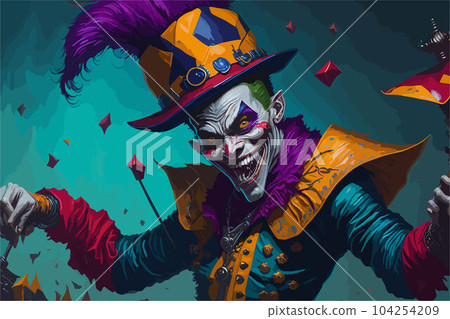 A playful trickster spirit, depicted as a mischievous jester with a wide grin and brightly colored attire. The spirit dances through a haunted carnival, causing mayhem and laughter in its wake A playful trickster spirit, depicted as a mischievous jester with a wide grin and brightly colored attire. The spirit dances through a haunted carnival, causing mayhem and laughter in its wake 104254209