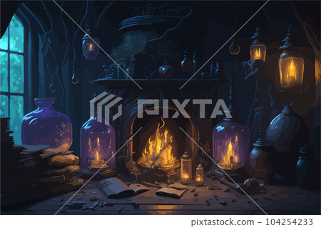 A witch's den filled with potion bottles, spell books, and magical artifacts. Bubbling cauldrons and floating candles hover in the air, creating an enchanting and atmospheric scene,  104254233