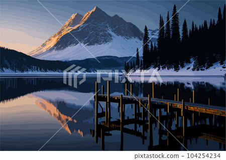 A serene lakeside scene at dawn, with mist rising from the calm water, a rustic wooden dock, and a colorful sky reflecting in the stillness A serene lakeside scene at dawn, with mist rising from the calm water, a rustic wooden dock, and a colorful sky reflecting in the stillness 104254234