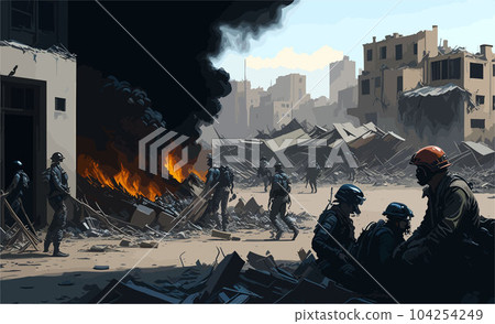 oil paint of War's impact on civilians a scene illustrating the impact of war on innocent bystanders, highlighting the pain, loss, and displacement experienced by civilians caught in the crossfire 104254249