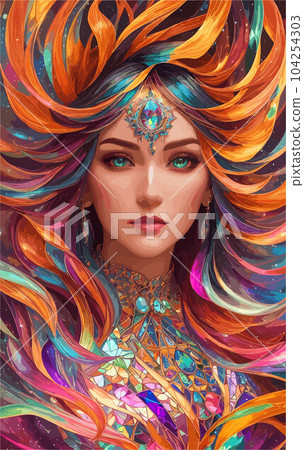vector art of face of beautiful girl surrounded by her colorful hair. vector art of face of beautiful girl surrounded by her colorful hair. 104254303