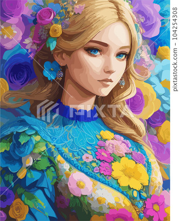 beautiful women portrait with flowers vector art wallpaper in colorful background 104254308
