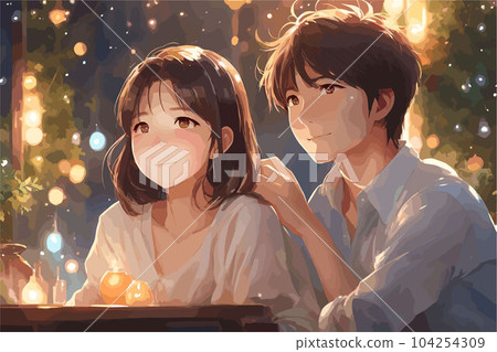 Korean couple sitting together in lovely evening. Korean couple sitting together in lovely evening. 104254309