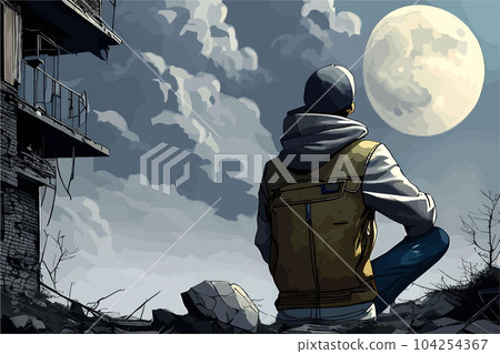 vector art of a man sitting lonely and looking at night sky with moon. old buildings in background. vector art of a man sitting lonely and looking at night sky with moon. old buildings in background. 104254367