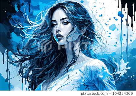 beautiful women portrait black line vector art wallpaper in white background. blue and black colored  104254369