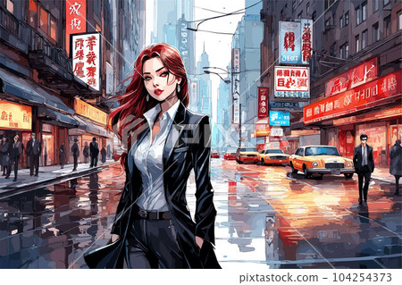 vector art of a young girl in middle of road in large city in the rainy background. vector art of a young girl in middle of road in large city in the rainy background. 104254373