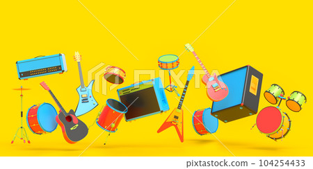 Set of electric acoustic guitars and drums with cymbals on multicolor background 104254433