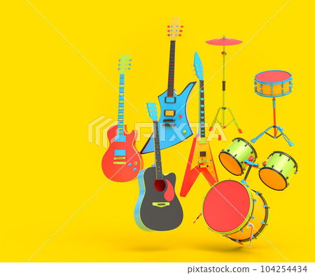 Set of electric acoustic guitars and drums with cymbals on multicolor background 104254434