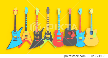 Set of electric acoustic guitars isolated on multicolor background. 104254435