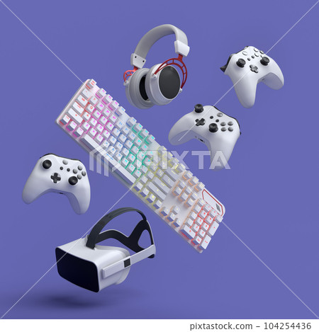 Top view gamer gears like joystick, keyboard, headphones and microphone 104254436