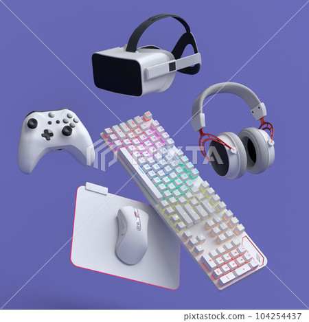 Top view gamer gears like joystick, keyboard, headphones and microphone 104254437