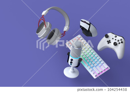 Top view gamer gears like joystick, keyboard, headphones and microphone 104254438